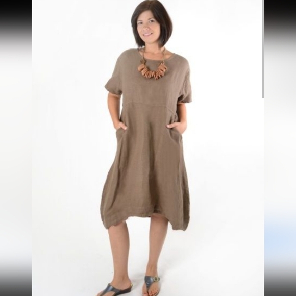 Bryn Walker Linen Light Chocolate Brown Bohemian Lagenlook Loose Fit Dress M - Picture 1 of 8